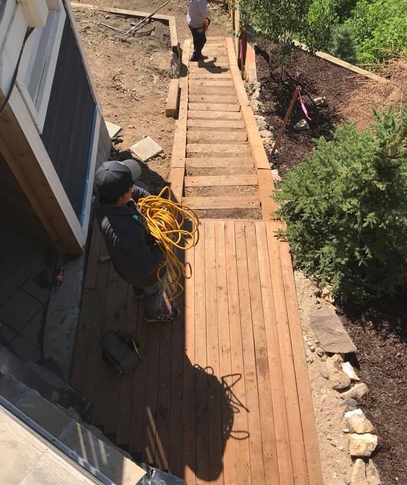 Timber deck stairs during construction